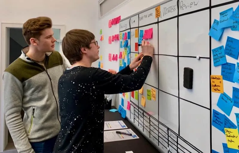 Zwei Mitarbeiter des Domain Management planen etwas an einem Whiteboard mit bunten Post-its.
