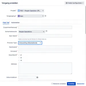 Eingabemaske, um einen Prozess zu starten