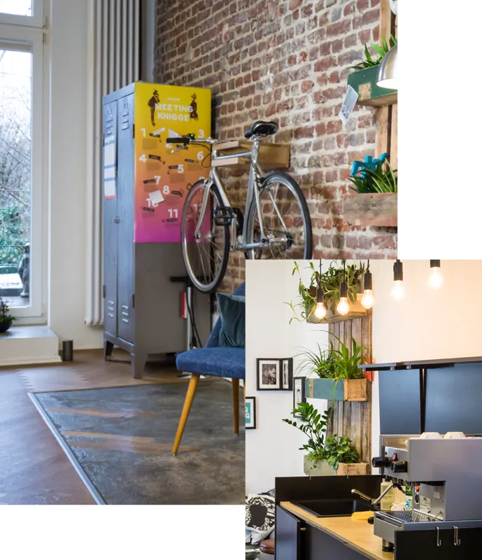 Links: Gemütlich gestalteter Aufenthaltsbereich mit Backsteinwand, einem an der Wand montierten Fahrrad und einem farbigen „Meeting-Knigge“-Poster. Rechts: Einblick in die Küche im Office in Essen mit einer Kaffeemaschine. An der Wand sind mehrere Pflanzen angebracht.