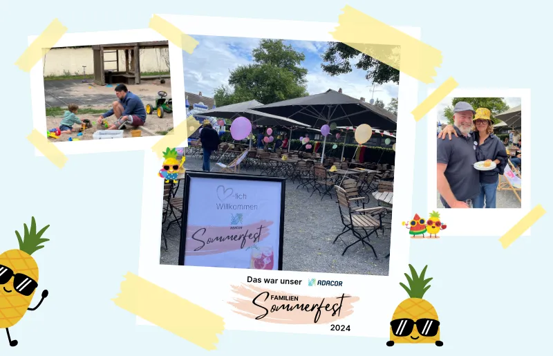 Collage mit Bildern vom Familiensommerfest 2024: Ein Mitarbeiter spielt mit seinem Kind im Sandkasten, der Biergarten ist geschmückt mit bunten Luftballons und zwei Mitarbeiter lächeln in die Kamera.